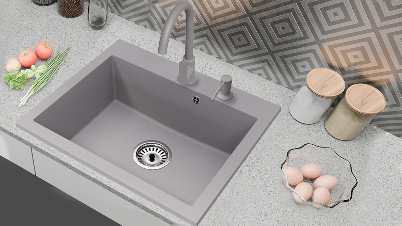 Chiuveta bucatarie granit Iuno cu baterie cadou gri